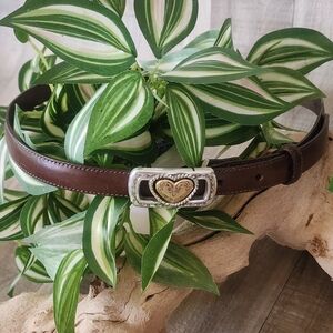 Brighton Brown Leather Belt with a Silver-Goldtone Reversible Heart Buckle L